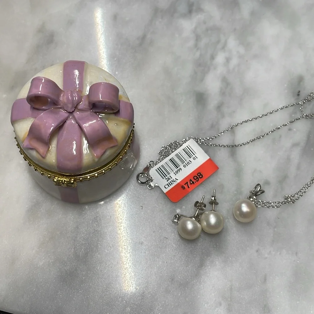 Pearl genuine white topaz necklace earring set sterling silver - Picture 3 of 5